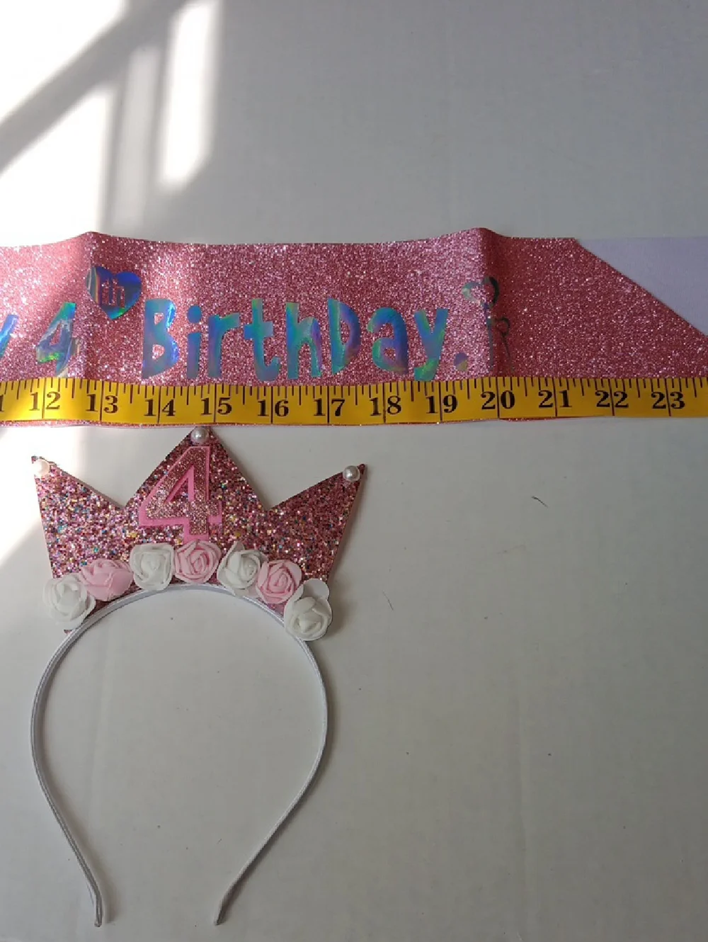 GIRLS  SPARKLE 'ITS MY 4TH BIRTHDAY' PINK CROWN WITH 4 HEADBAND & SASH SET
